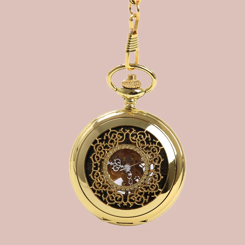 New Pocket Luxury GOLd Dazzle Reverse Glossy Skeleton Gear Black Dial Quartz Watch Fashionable Design Chain