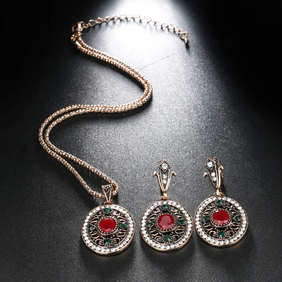 Kinel 2Pcs Turkey Wedding Jewelry Sets For Women Dubai Antique Gold Color Oval Earrings And Necklaces Retro Jewelry Crystal Gift