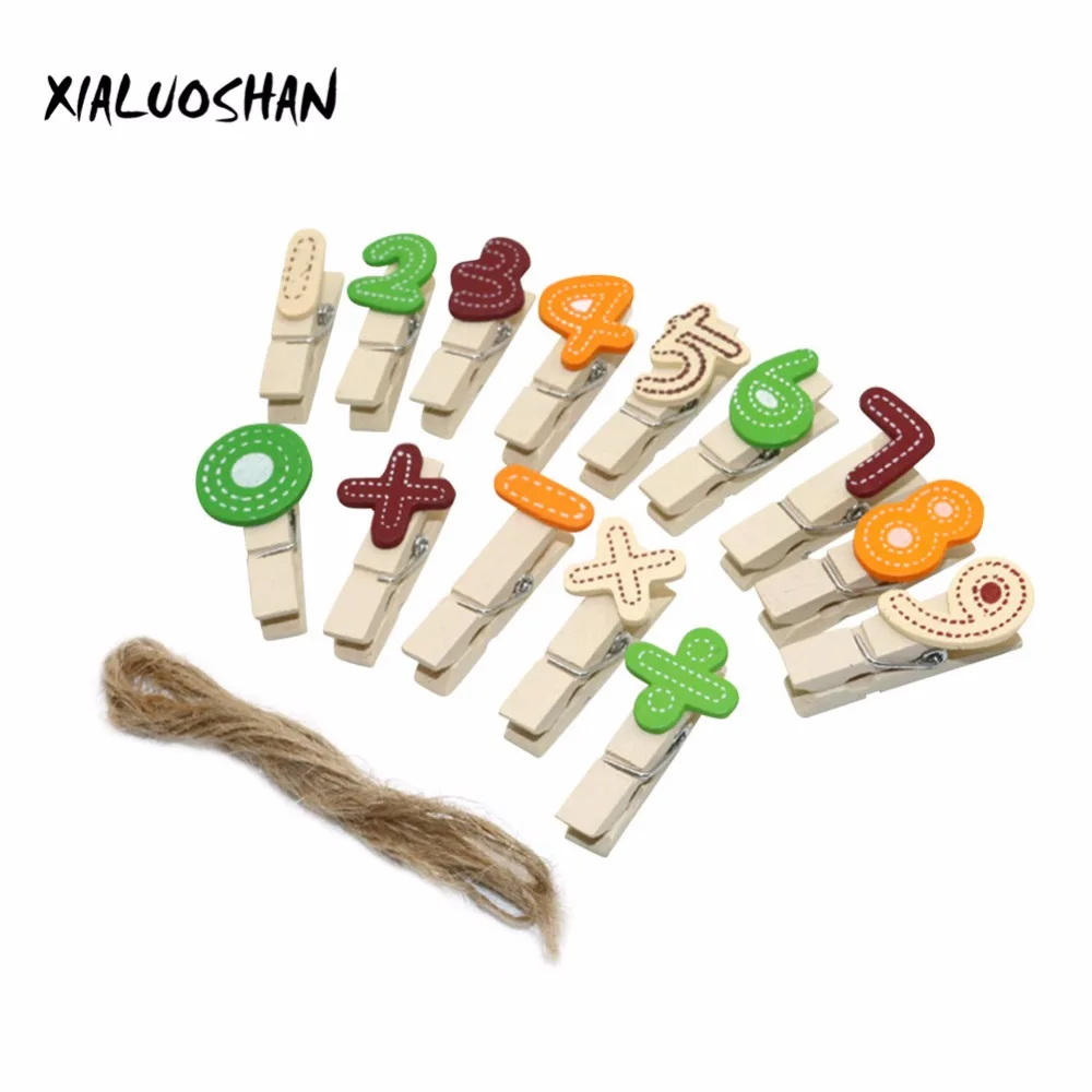 

15 Pcs/set Kawaii Wooden Digital Mini Clip With Hemp Rope For Photo Cartoon Paper Hanging DIY School Office Binding Supplies