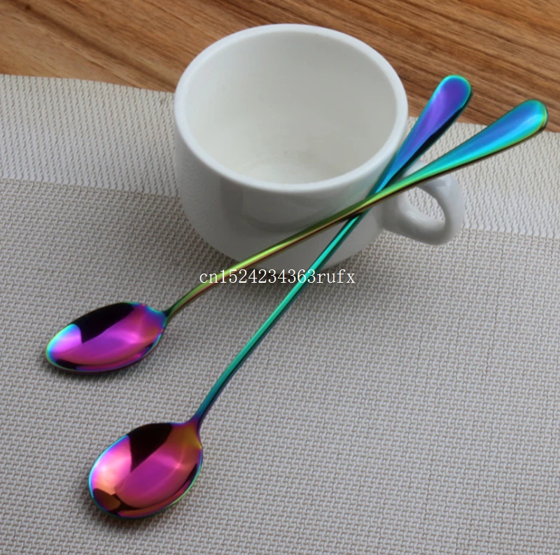 

100pcs Stainless Steel Rainbow Long Handled Spoon Mixing Mixed Coffee Spoons Fruit Ice Cream Dessert Tea Spoons Drinking Tools