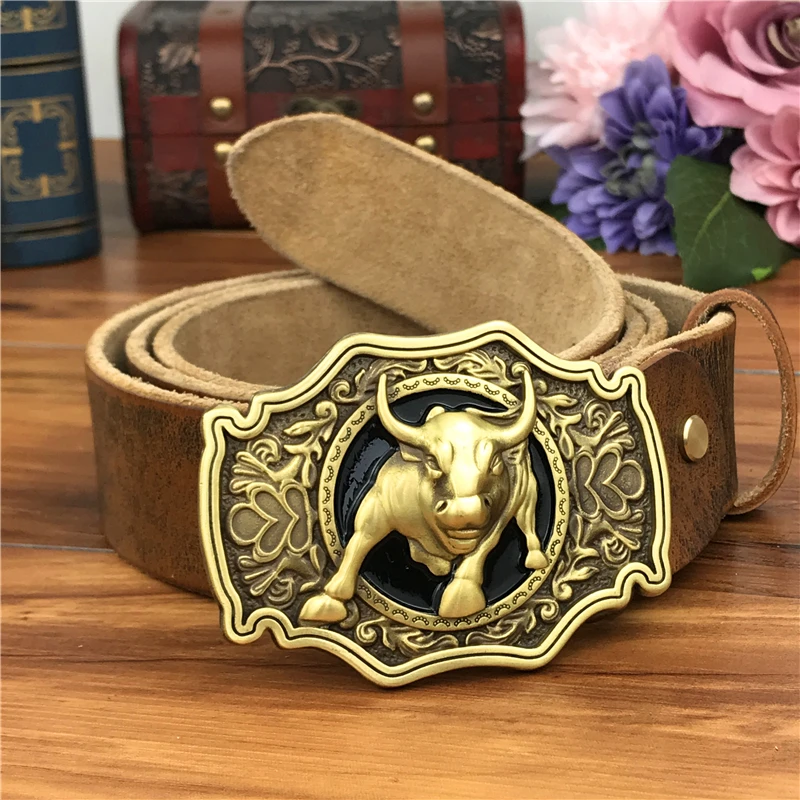 Brass Bull Cowboy Belt Buckle Leather Belt Men Jeans Men Leather Genuine Waist Yellow Belts For Men Wide Belt Male MBT0524