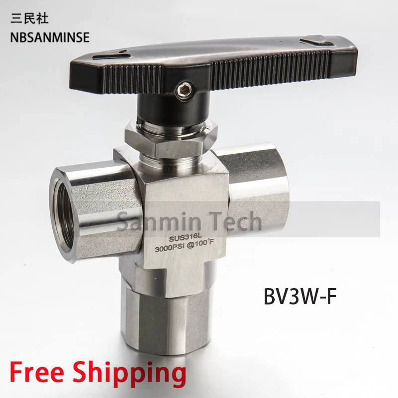 NBSANMINSE BV3W - OD / F Three way Ball Valve Stainless Steel Valve 1/8 1/4 3/8 1/2 3000 Psi Air Water Stop Valve