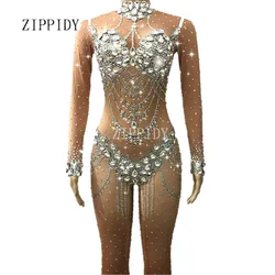 Sparkly Crystals Nude Jumpsuit Stretch Stones Outfit Celebrate Bright Rhinestones Bodysuit Costume Female Singer Birthday Dress