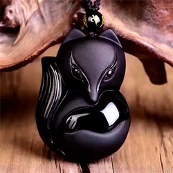 Natural Obsidian Pendant Hand Carved Fox With Chain Lucky Amulet Pendant Necklace Female Male Brave FashionCrystal Jewelry Lover