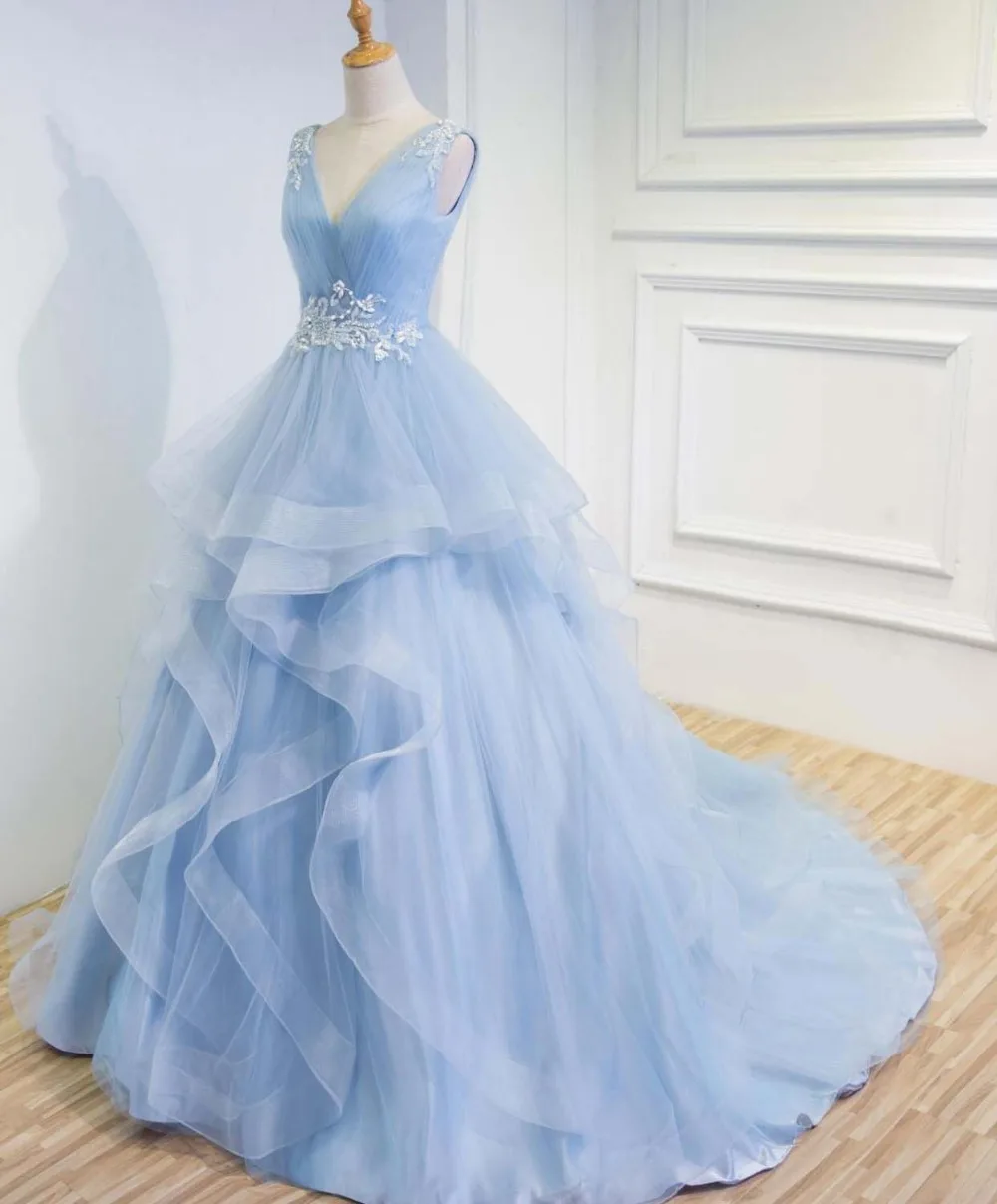 100%real luxury light niagara blue ruffled court medieval dress princess queen cosplay gown ball long dress/ball gown