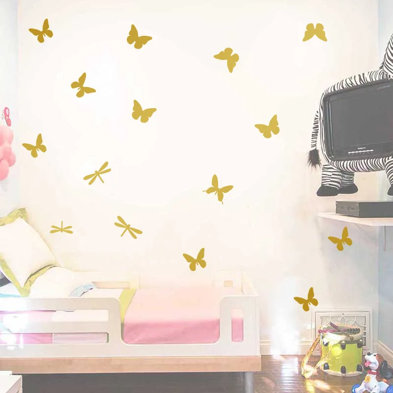 14pcs/set Cartoon Butterflies Dragonfly Wall Stickers For Kids Child Room Art Mural Wardrobe Fridge Decoration Vinyl Wall Decals