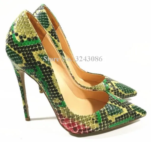 Pointed Toe Snakeskin Python Basic Thin High Heel Pumps Brown Green Fashion Sexy Party Banquet Shoes Fashion Single Shoes