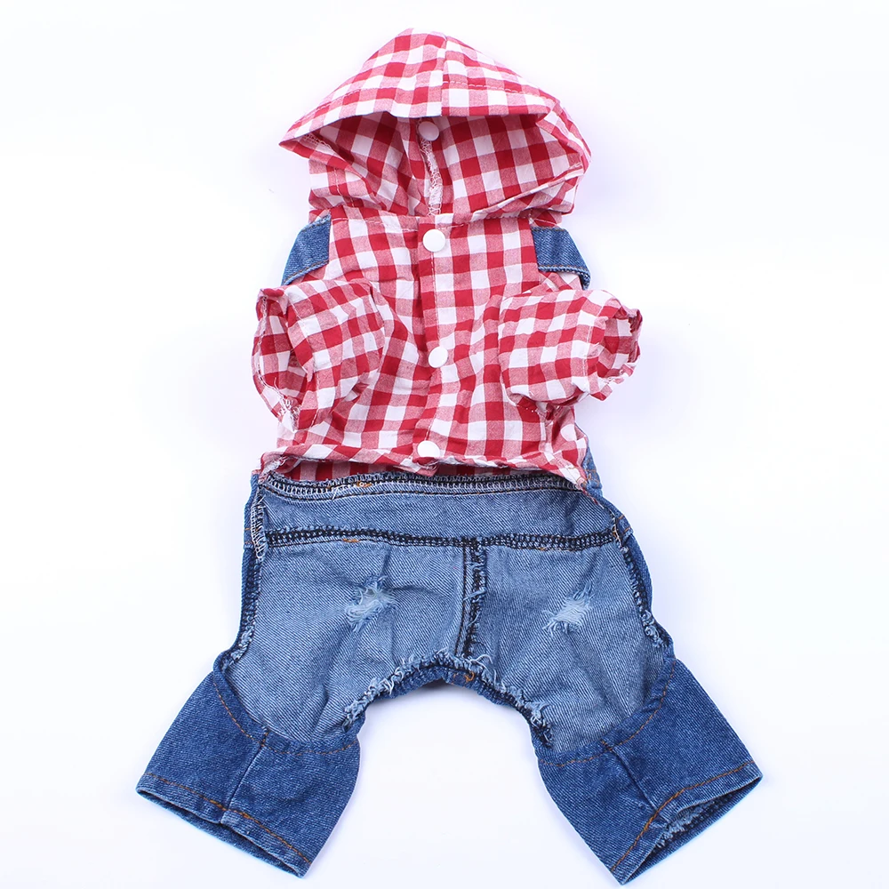 Pet Denim Jumpsuit Puppy Cotton Plaid Shirt Doggy Outfit Coat dog Jacket Apparel 6sizes