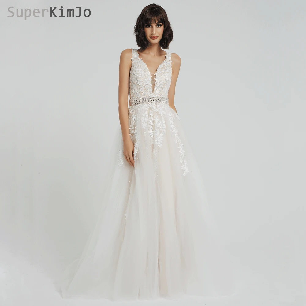 SuperKimJo 2019 Kralen Prom Jurken Vestido De Festa Lace Applique V-hals Champagne Prom Gown Vestido De Baile