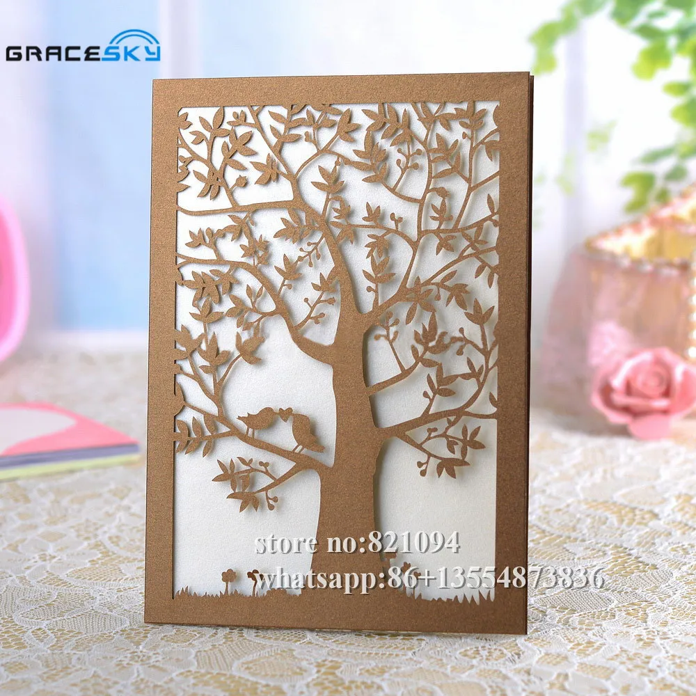 50pcs Free Shipping Laser cut Happy Big Tree Design folded style hollow Paper Wedding Invitation Cards with inner Blank paper