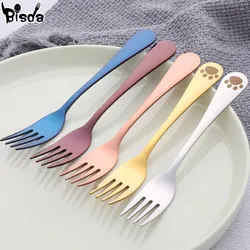 1Pc Children Fork Food Grade Stainless Steel Forks Gold For Fruit Salad Small Round Handle Dinnerware Useful Kids Eating Tools