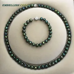 low price 7-8mm necklace bracelet set Promotions sale dark Malachite green real Cultured pearls necklace Classic style for women