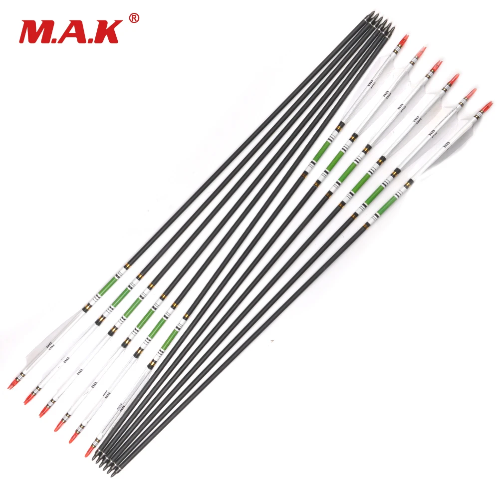 80cm Mixed Carbon Arrow Spine 500 White Turkey Feather White Green Stickers for Recurve Bow Archery Hunting