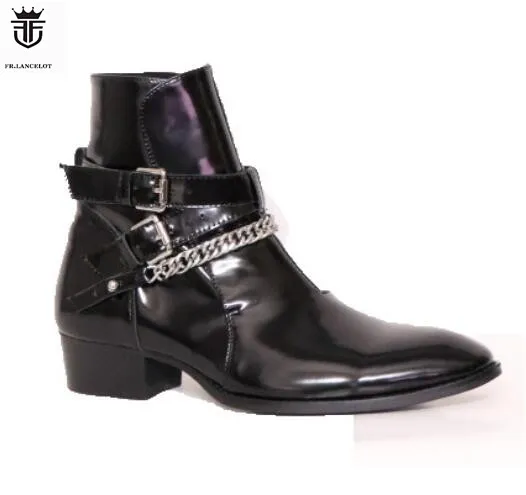 

Genuine Leather Chelsea Boots Black Cross Buckle Side Zipper Men Boots 30mm Heel Wedding zapatos de mujer Shoes