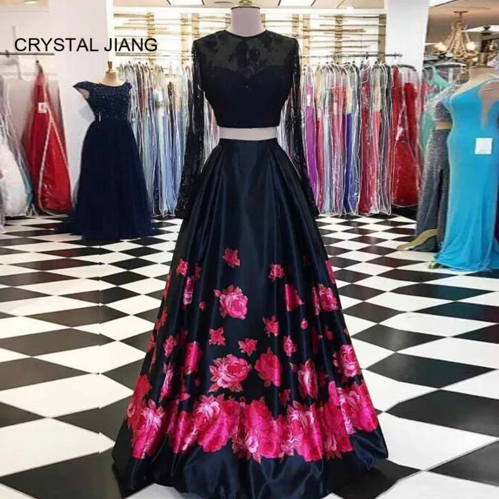 

Elegant O Neck Long Sleeves Evening Gown Custom made Two Pieces A Line Elegant Long Evening Dresses