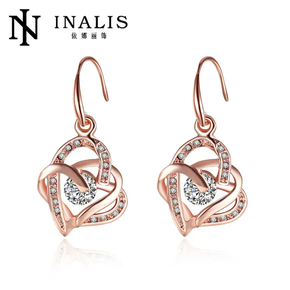 INALIS Hollow Love Heart Cubic Zirconia Rose Gold Color Drop Earrings CZ Stone Fashion Jewelry For Women Earring Wholesale E082