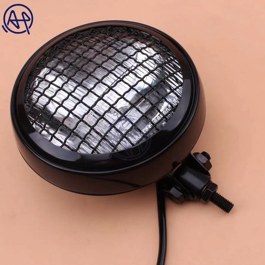 Motorcycle Old School Vintage Metal Retro Front Hi-Lo H4 Headlight Clear/Amber Lens+Grill Mask Black/Chrome For Harley Chopper