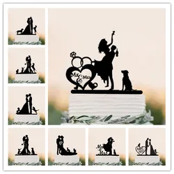 Mixed Style Black Acrylic Bride and Groom Silhouette with Pet Dog Cat Mr & Mrs Toppers for Wedding Cake Decorating Accessory