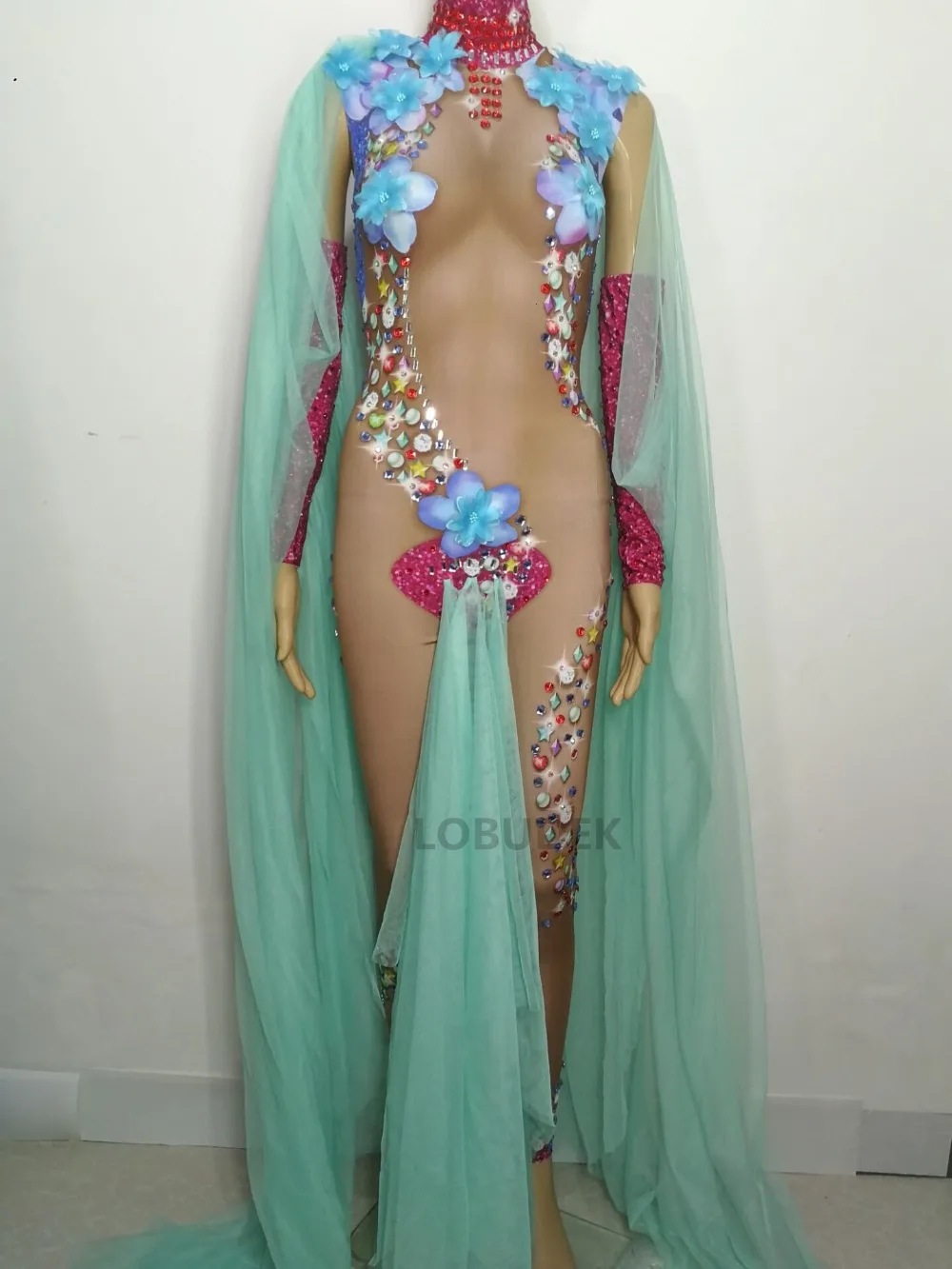 ドラッグクイーンコスチューム リーディングダンス セクシー ステージウェア シャイニー クリスタル ガーゼスリーブ ジャンプスーツ パフォーマンス パーティー レイブ衣装