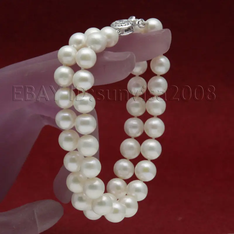 Nobility Woman's Jewelry AAA Lovely 2 Rows 9-10mm White Fresh Water Akoya Pearls Bracelets 7.5-7.8