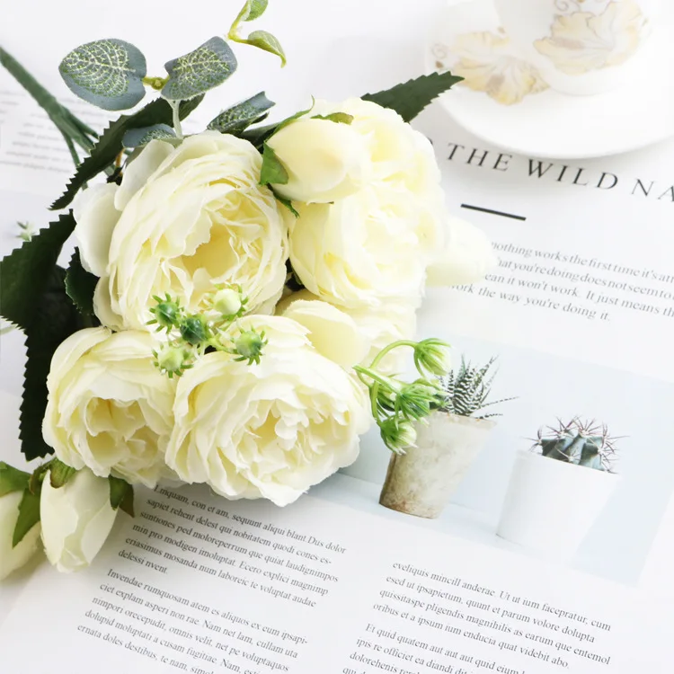 1 Bundle Silk Pfingstrose Bouquet Hause Dekoration Zubehör Hochzeit Sammelalbum Gefälschte Pflanzen Diy Pompons Künstliche Rosen Blumen – Detail 12