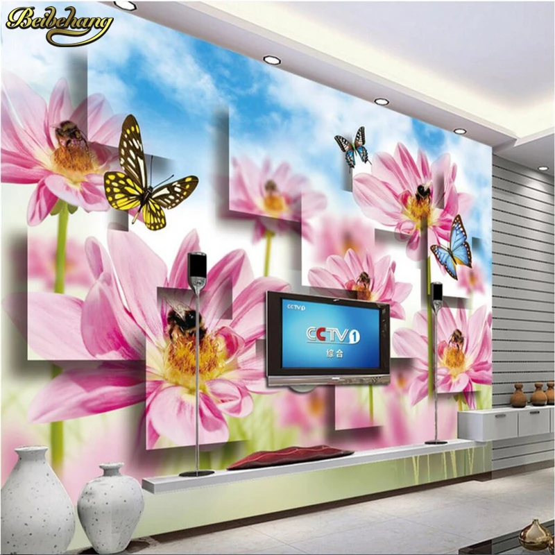 beibehang Custom Photo Wallpaper Mural Wall Stickers Butterfly Bouquet TV Background Wall papel de parede for walls 3 d