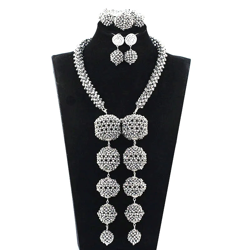 Crystal Pendant Bridal Statement Necklace Set Traditional Wedding African Silver Beads Jewelry Set Women Jewellery ABH532