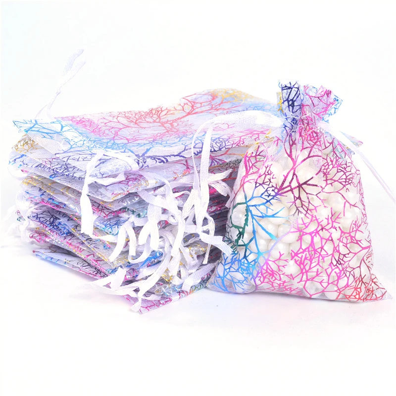 100pcs White Blue Organza Gift Bag 7x9cm/9x12cm/10x15cm/13x18cm Sheer Coralline Organza Jewelry Pouch Jewelry Packaging Pouches