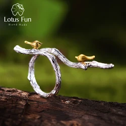 Lotus Fun Real 925 Sterling Silver Original Handmade Fine Jewelry Adjustable Ring 18K Gold Bird on Branch Rings for Women Bijoux