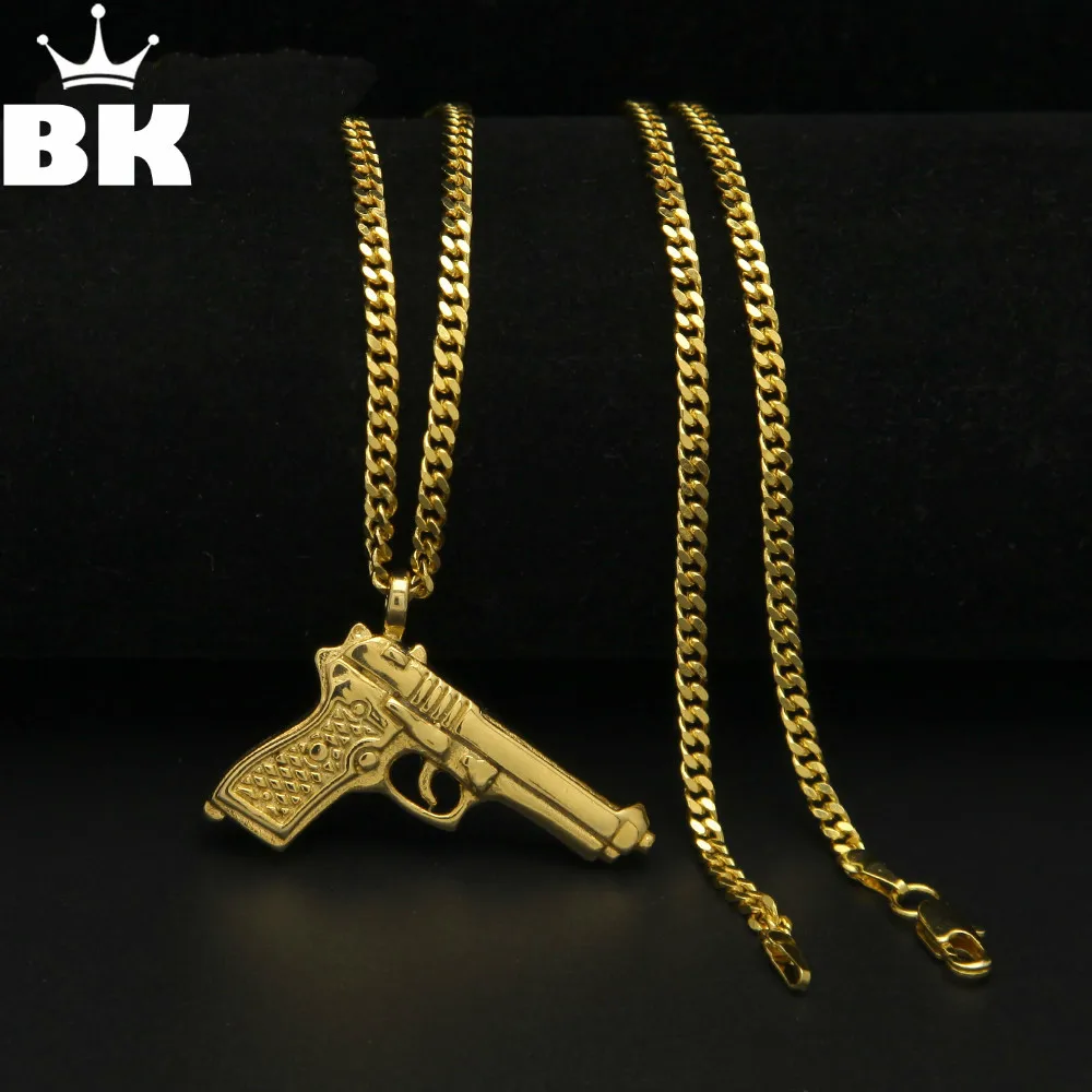 Hip Hop Punk Stainless Steel Machine Pistol Gun Model Pendant Necklaces for Men Jewelry With 3mm 24inch Cuban Chain