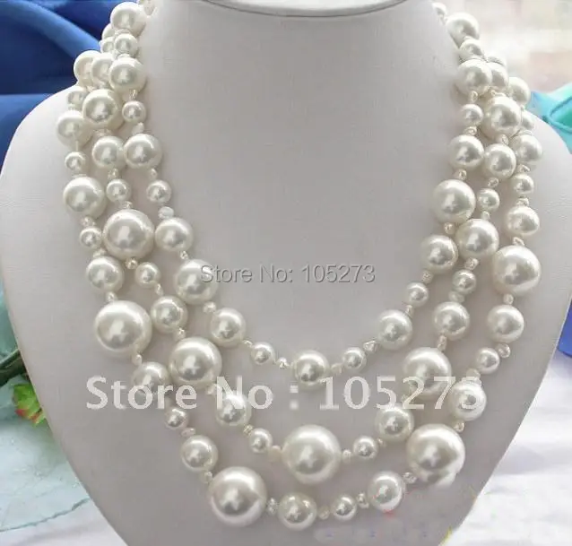 

3ROWS 4MM-18MM WHITE ROUND SOUTH SEA SHELL PEARL NECKLACE 18''INCHS FASHION WOMAN'S JEWELRY NEW FREE SHIPPING FN1087