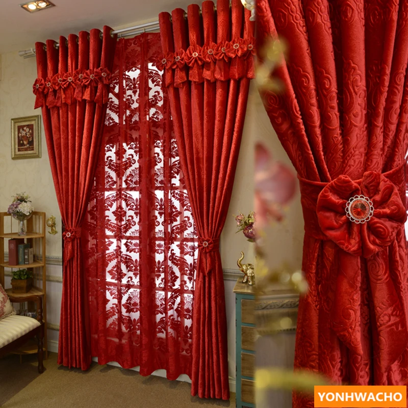 

Custom curtains upscale European red Italian velvet wedding room festive thick cloth blackout curtain tulle drapes N931