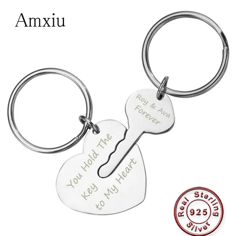 Amxiu Two Pieces Personalized 925 Silver Key Chains Custom Names Words KeyChains Jewelry For Lovers Women Men Keys Accessories