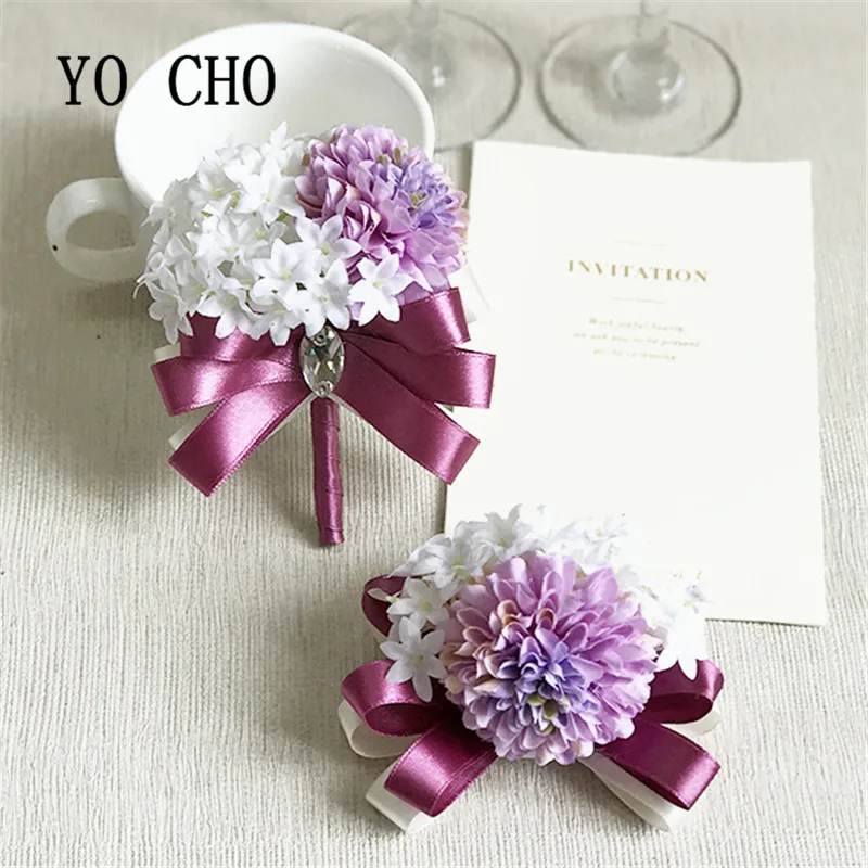 YO CHO Boutonniere Handmade Pink Hydrangea Ribbon Fake Flower Silk Corsages Boutonnieres White Blue Marriage Wedding Accessories