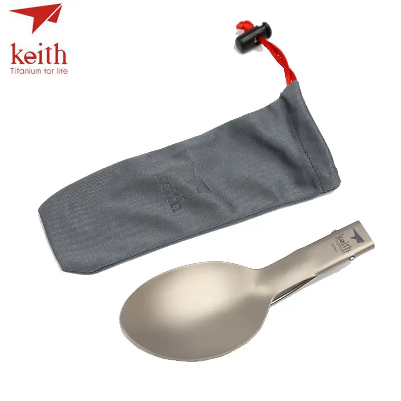 Keith Titanium Folding Spoon Camping Travel Tablewares Picnic Hiking Long Handle Convenient Pure Titanium Spoon 22g Ti5315