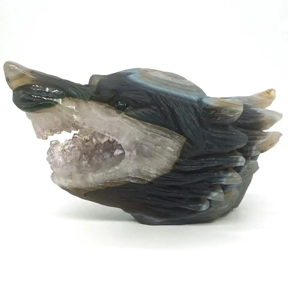 Wolf Head Statue Natural Gemstone Geode Agate Carved Figurine Home Ornament5.27