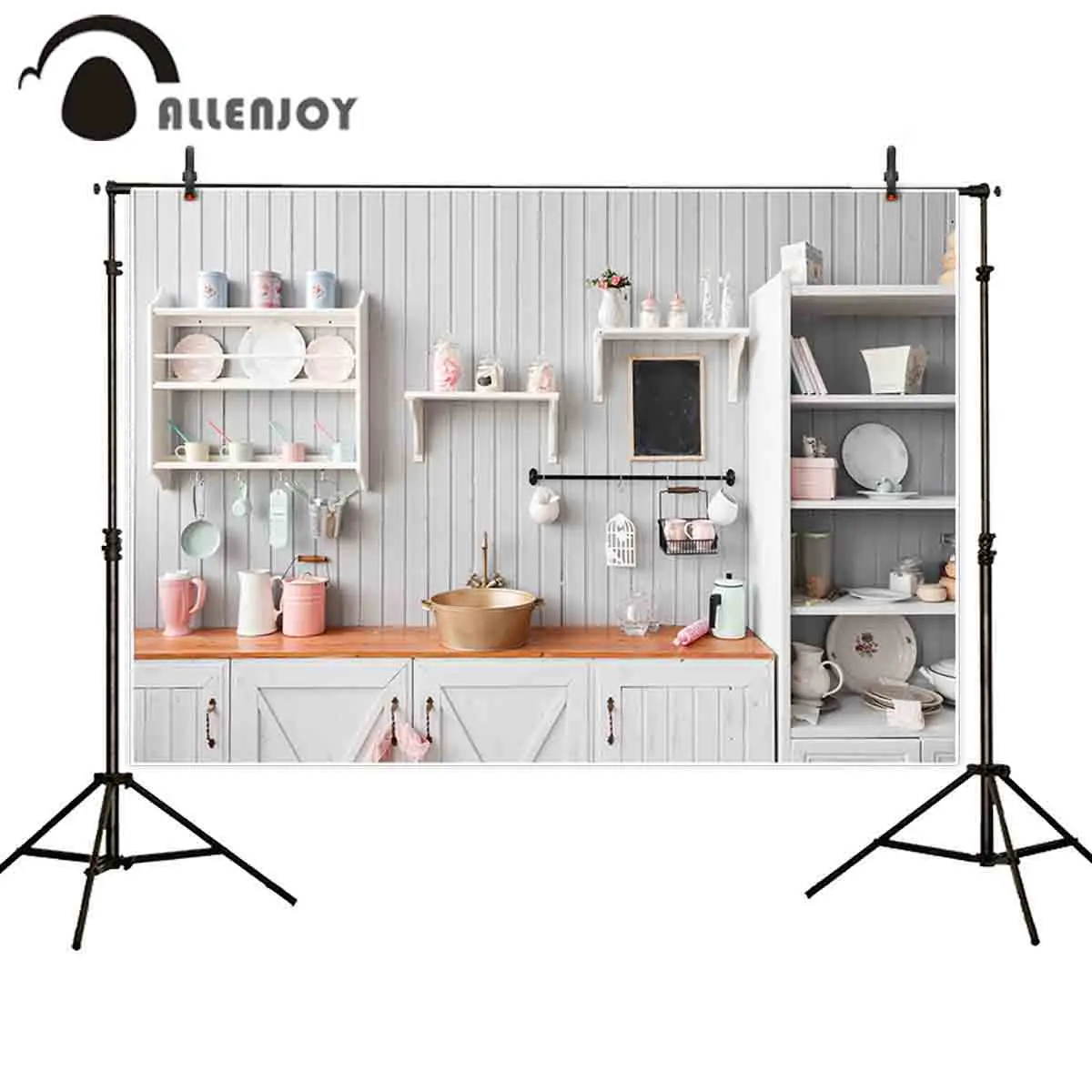 Allenjoy Kitchen Backdrop Photography White Wood Cupboard Kitchenware Portrait Photocall Photobooth Banner Fabric Background