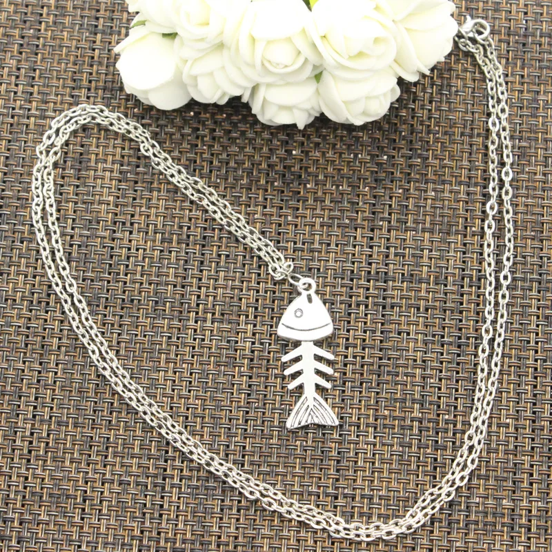 New Fashion Fish Bone Pendants Round Cross Chain Short Long Mens Womens DIY Silver Color Necklace Jewelry Gift