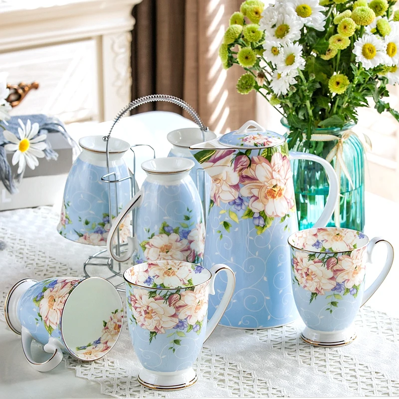 

8pcs set, real bone china teapot and chip cup set with steel stander, floral taza cafe tea cup set, termos coffee cup set