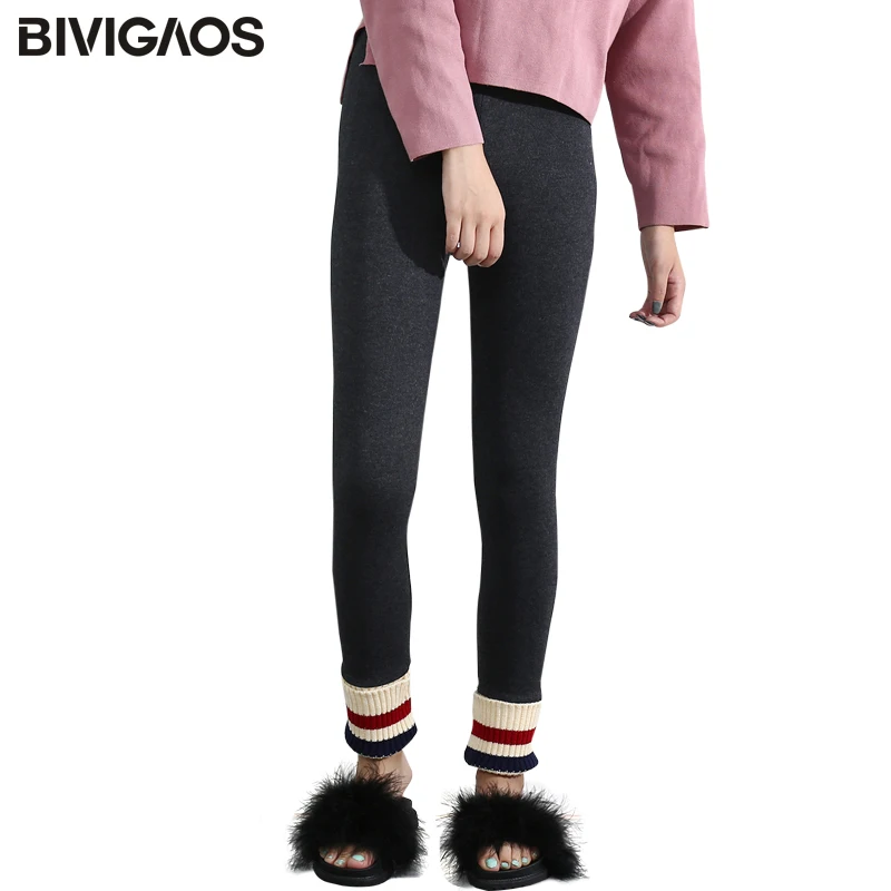 BIVIGAOS Autumn Winter Women Thick Cotton Leggings Rainbow Color Thread Ankle Flanging Casual Leggings Pants Women Pantalon