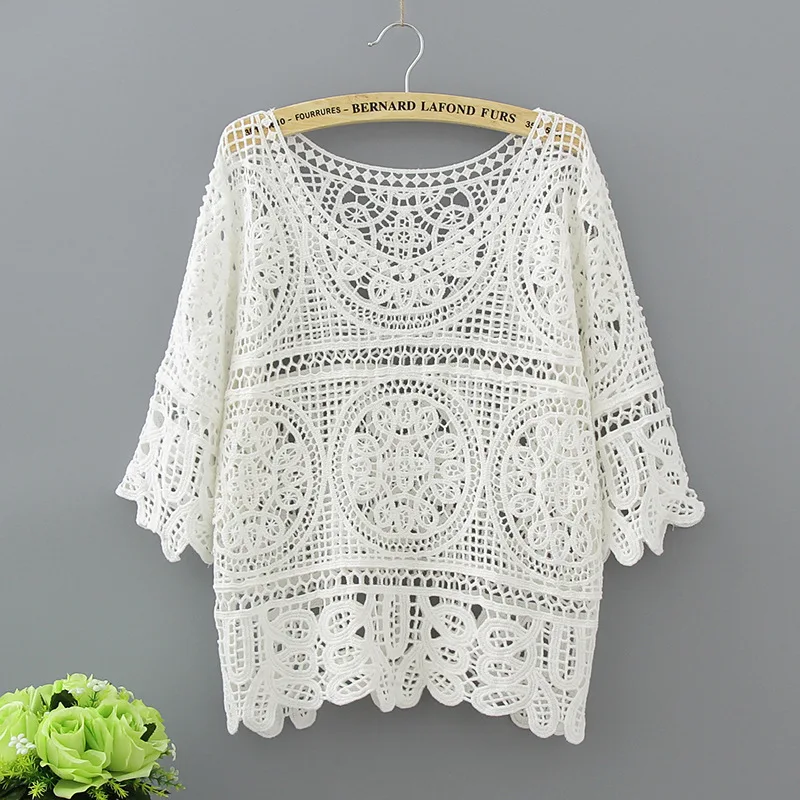 

Hollow Out White Blouse Fashion 2020 Summer Crochet Lace Tops Women Transparent Casual Loose Sexy Blouses Womens Clothing 1809