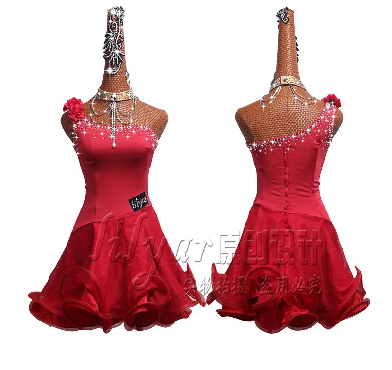 Customized Latin Dance Competition Dresses Performance Dresses Wine Red Slant Shoulder Water Drill Fishbone Skirt