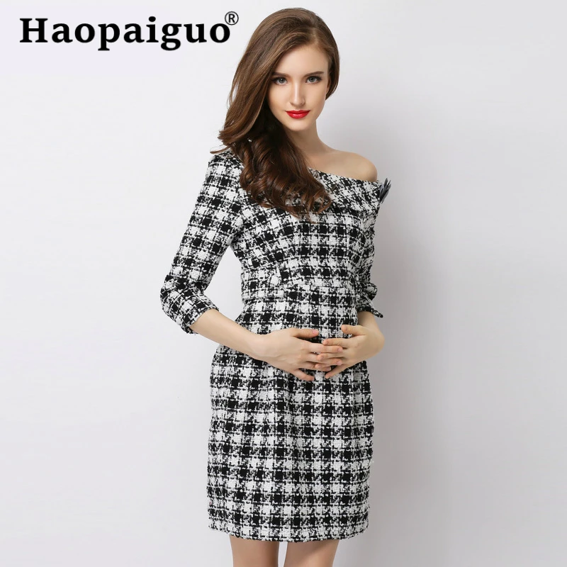 

Houndstooth Style Mini Wrap Dress Women with Floral Off Shoulder Bandage Bodycon Dress Women Basic Wear Vintage Dress Female