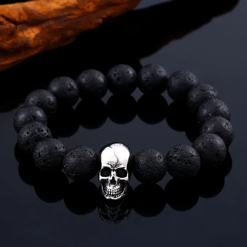 BEIER Pulseira Masculina Black Lava Stone men Jewelry natural stones skull Charm bracelet bangle Punk rock  jewelry HSS005