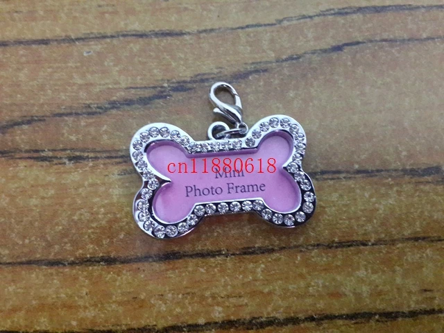 Free Shipping 40x25mm Pet Collar ID Tag Dog Name Tag Rhinestone Bone Shape Doggie Boutique Puppy Crystal Photo Frame