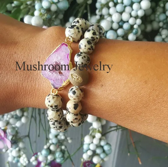 Boho Dalmatian Jaspers Stretch Bracelet Agates Slice Big Stone Jaspers Stack Bracelet 2PCS in One Set