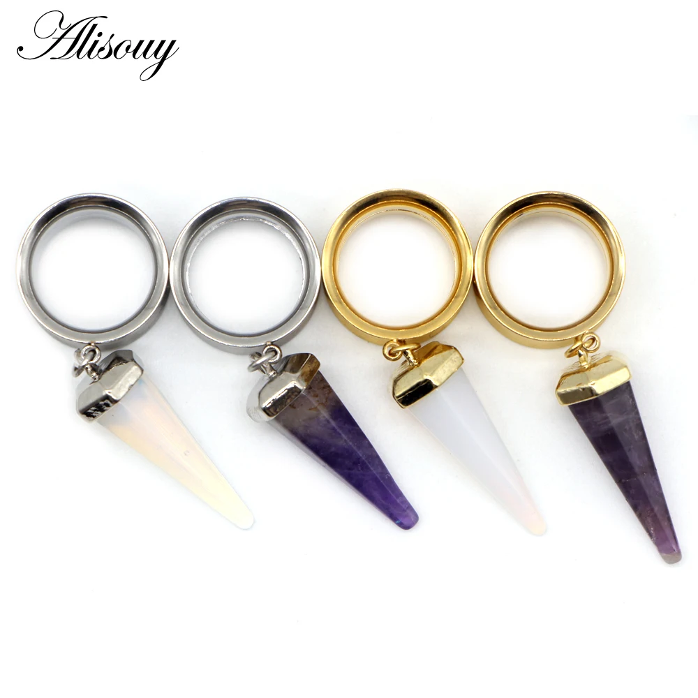 Alisouy 2pcs Surgical Steel Opal Purple Stone Ear Plug Tunnel Expander Ear Gauges Cone Internally Thread Piercing Body Jewelry