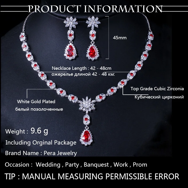 Pera Luxury Bridal Big Water Long Cubic Zirconia Green Drop Necklace and Earring Sets for Women Wedding Jewelry Accessories J092