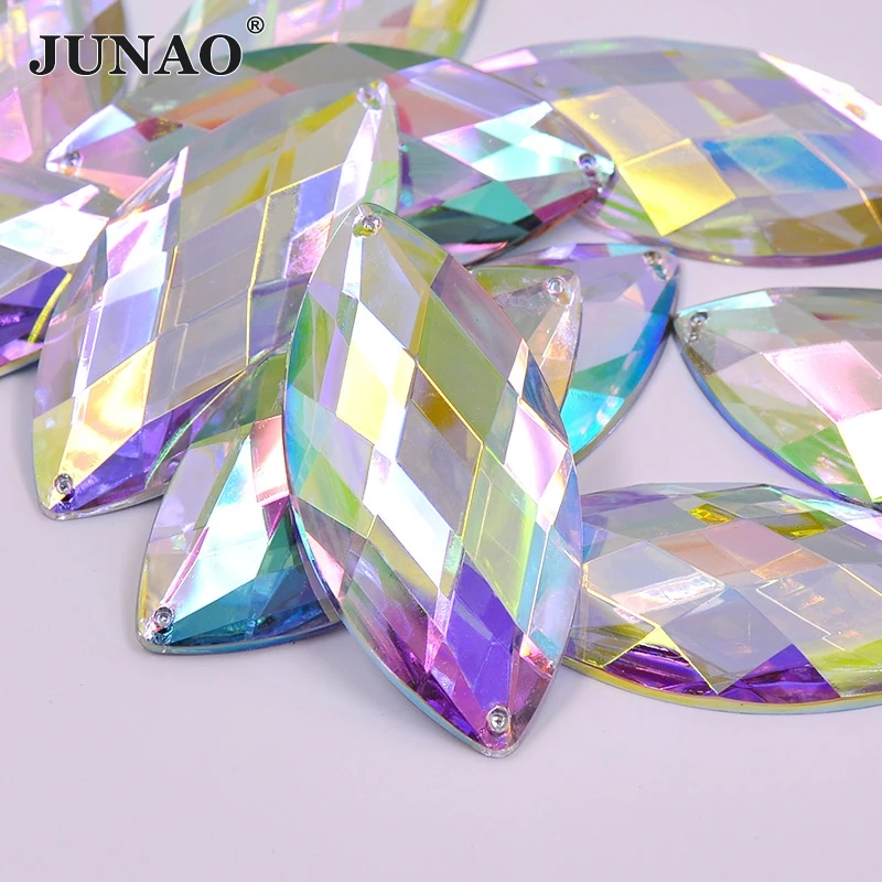 JUNAO 30*62mm Sew On Large Crystal AB Rhinestone Horse Eye Acrylic Stones Applique Flat Back Strass Diamond Sewing Crystal Gems