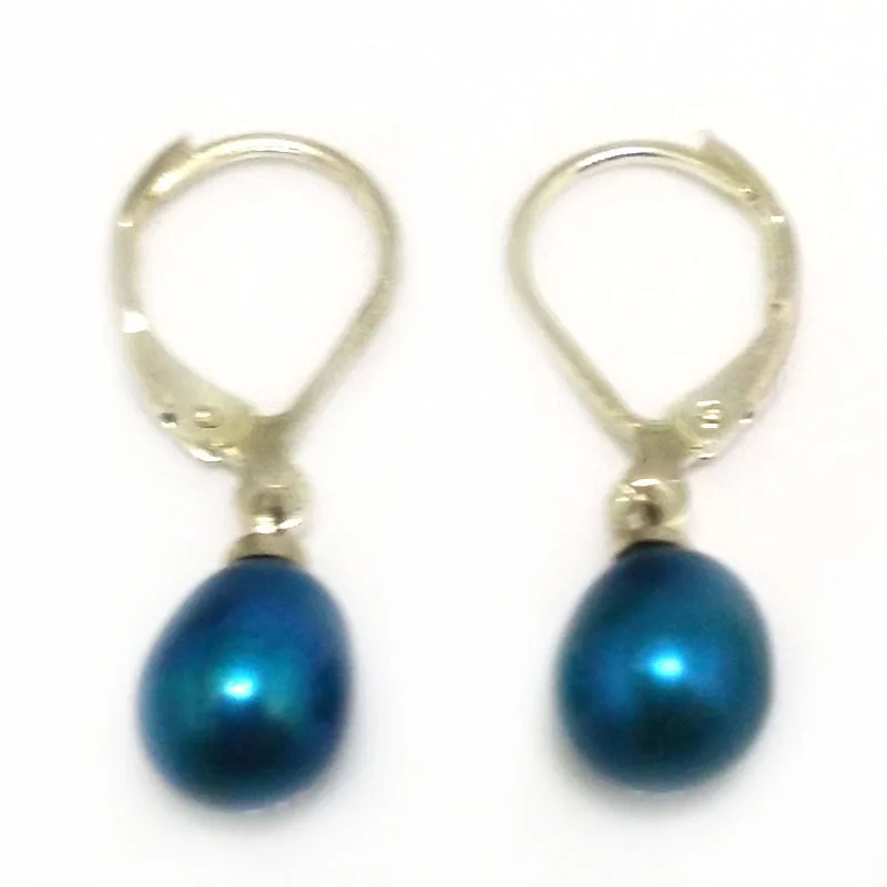 Wholesale 7-8mm Acid Blue Natural Rainrdrop Freshwater Pearl Silver Leverback Earring